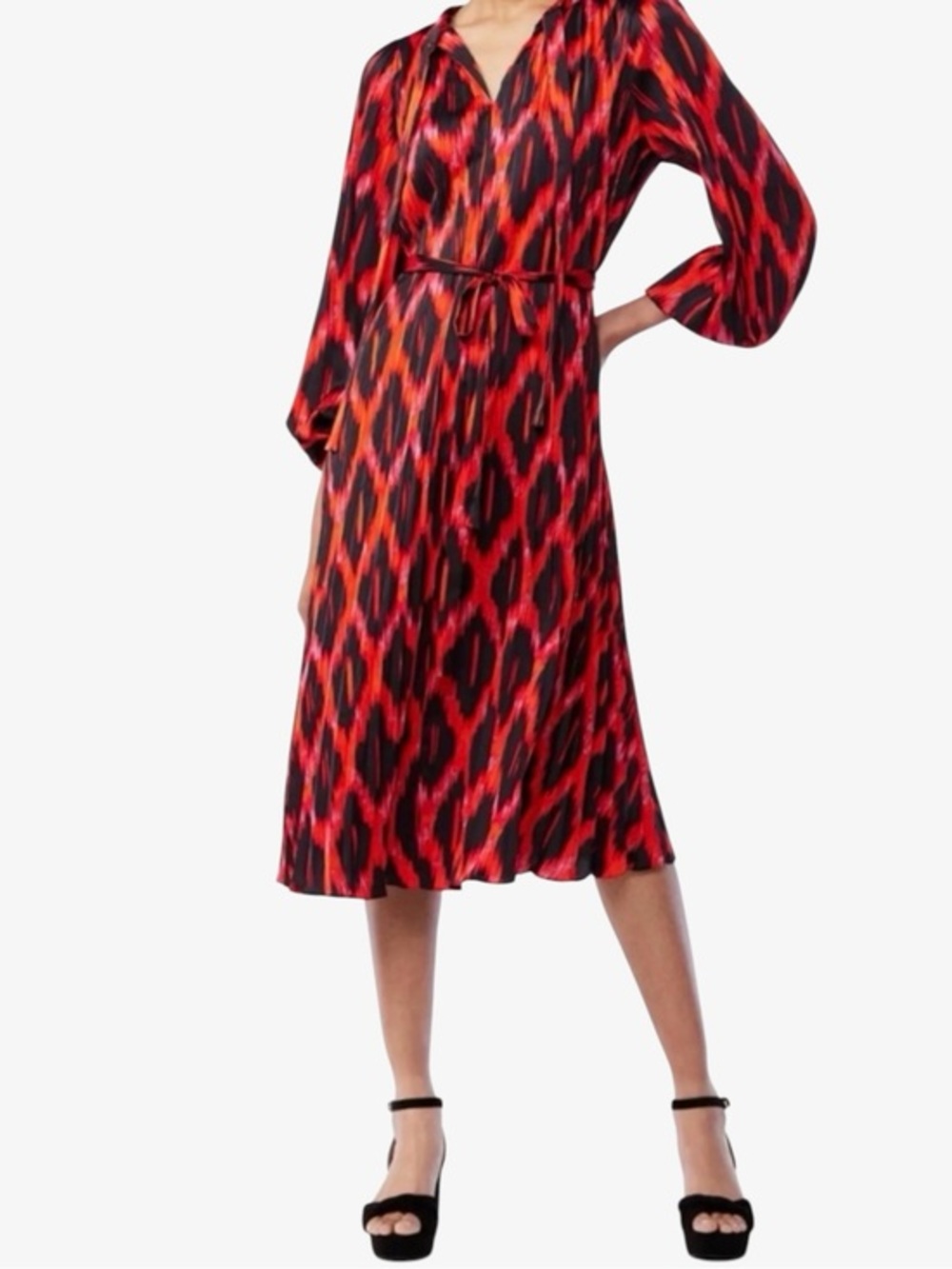 Scoop Red & Black Blouson Sleeve Diamond Geo Ikat Pleated Midi Dress Size L